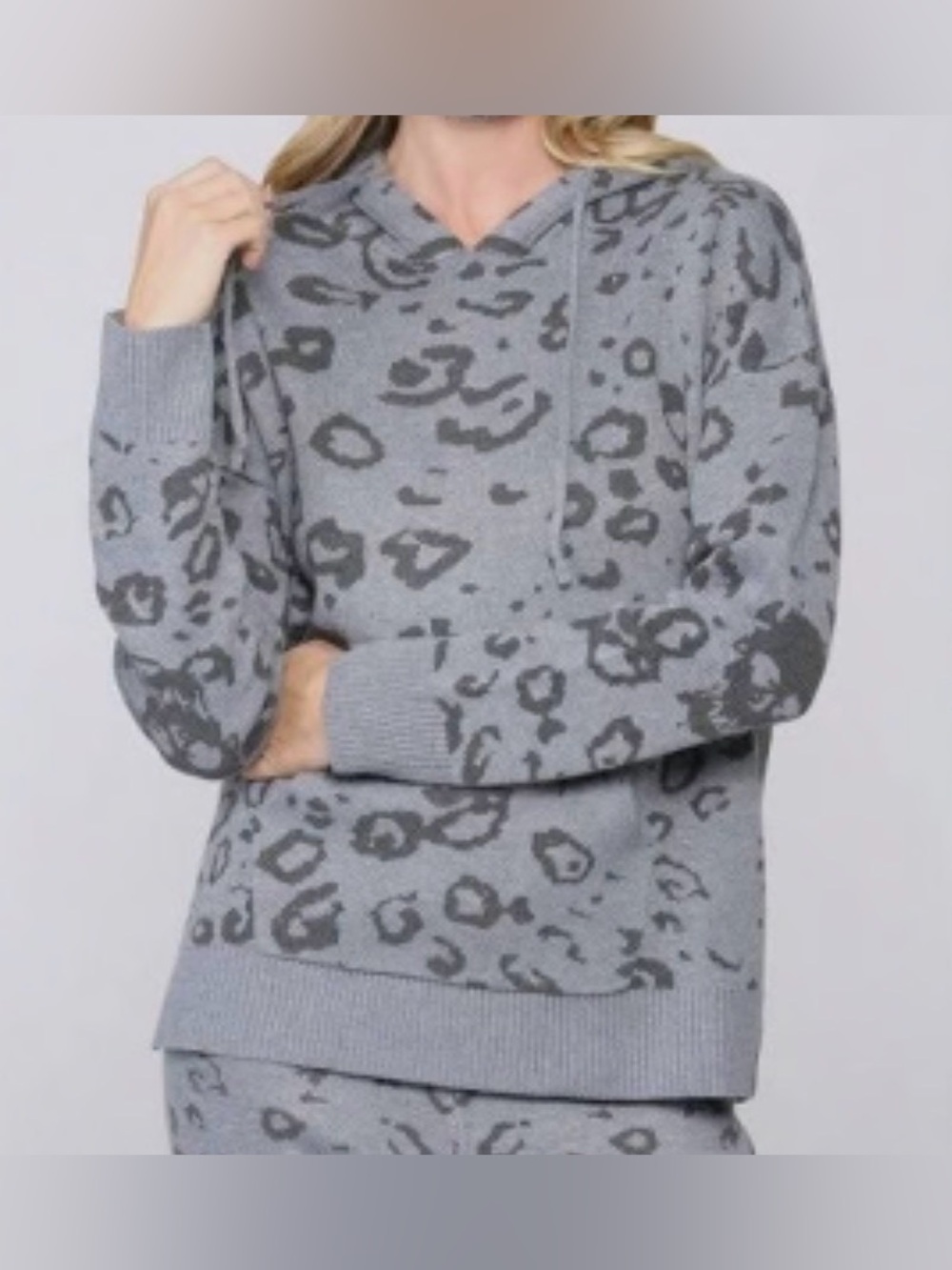 Fate Gray Leopard Print Scoop-Neck Hoodie Sweater with Skull on back